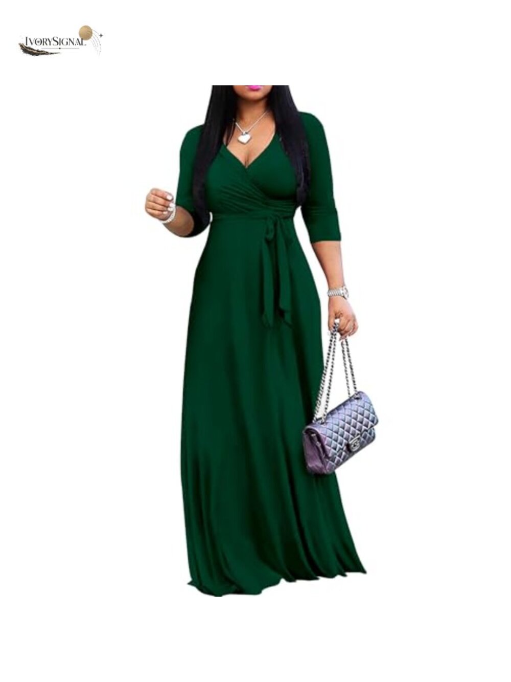 Plus Size Long Maxi Wrap Dress 3/4 Sleeve V-Neck Belted Sundress
